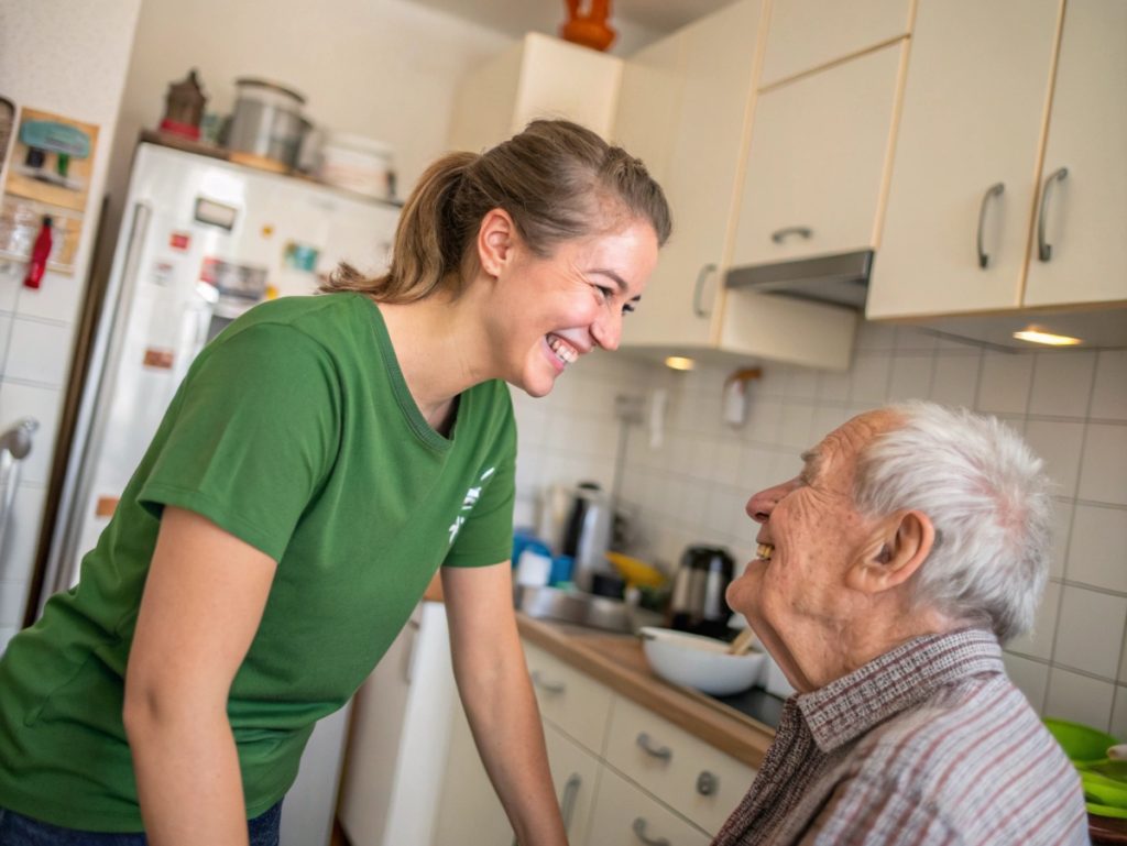 Eine Alltagsfee lächelt und hilft beim Aufräumen im Wohnzimmer.